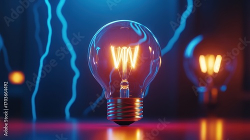 Illuminated bulb framed by dynamic lightning flashes, evoking energy, speed, and invention