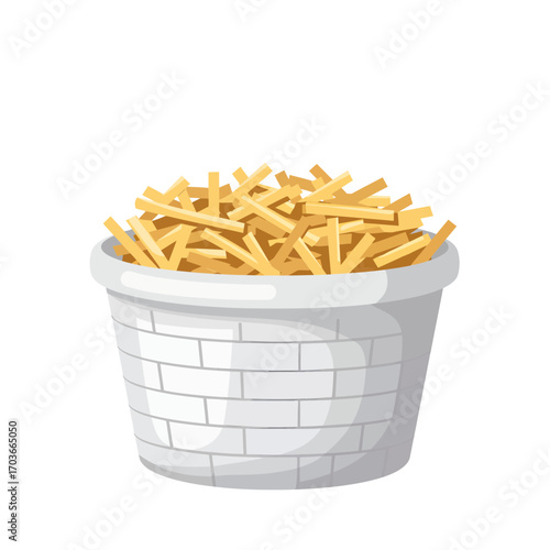 Pile of Golden French Fries in a White Basket Stock Photo