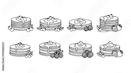 Collection of eight delicious pancake stacks with fruit and syrup silhouette
