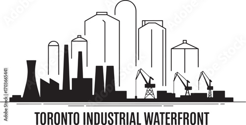 Toronto Industrial Waterfront Silhouette Vector Illustration with Cranes and Silos Skyline Design