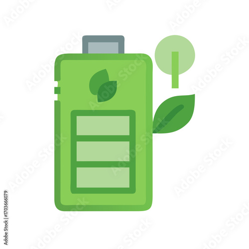 Eco-friendly battery icon with leaves and green elements
