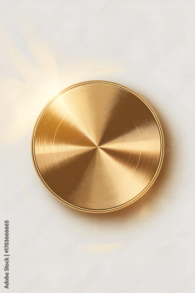 Fototapeta premium Golden circular emblem, polished surface, radiating light. 