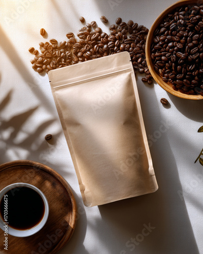 Flat Lay of Coffee Pouch with Scattered Coffee Beans