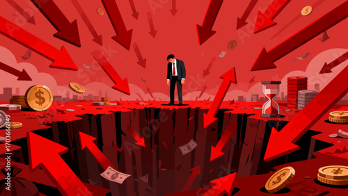 The stock market crash plunged desperate businessmen into a financial abyss. The red arrows indicate economic recession, investment losses, company bankruptcies and debts. Business vector illustration
