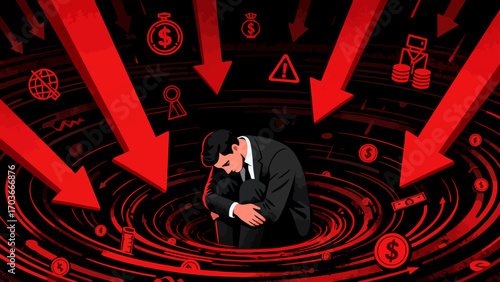 The stock market crash plunged desperate businessmen into a financial abyss. The red arrows indicate economic recession, investment losses, company bankruptcies and debts. Business vector illustration