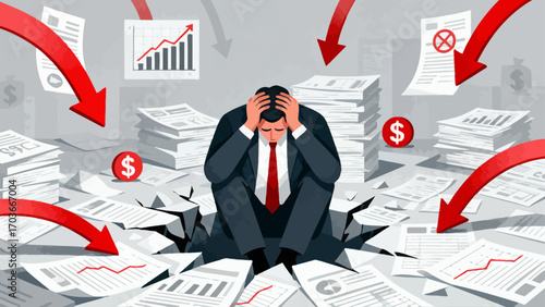 The stock market crash plunged desperate businessmen into a financial abyss. The red arrows indicate economic recession, investment losses, company bankruptcies and debts. Business vector illustration