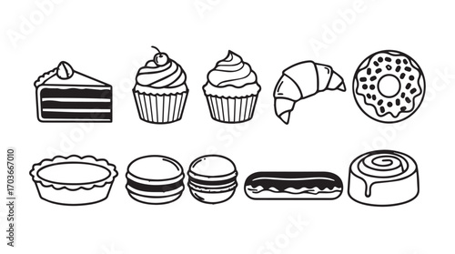Collection of delicious baked goods and desserts in a simple line drawing silhouette style