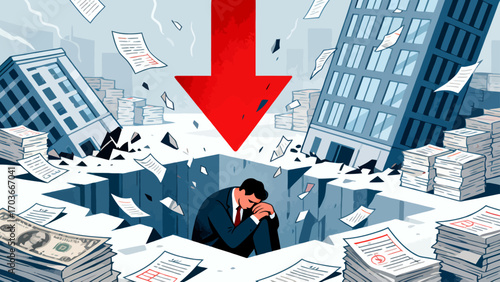 The stock market crash plunged desperate businessmen into a financial abyss. The red arrows indicate economic recession, investment losses, company bankruptcies and debts. Business vector illustration