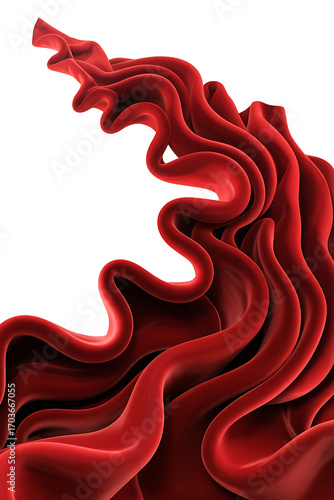 Red flowing fabric, abstract waves, dynamic form.
