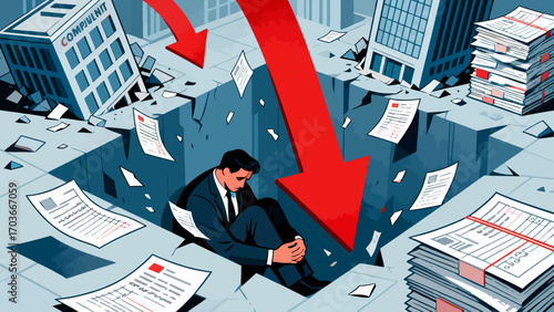 The stock market crash plunged desperate businessmen into a financial abyss. The red arrows indicate economic recession, investment losses, company bankruptcies and debts. Business vector illustration