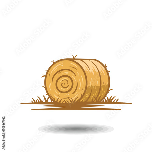 Illustration of a round bale of hay sitting on the ground with grass around it.