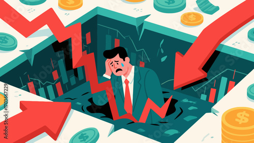 The stock market crash plunged desperate businessmen into a financial abyss. The red arrows indicate economic recession, investment losses, company bankruptcies and debts. Business vector illustration