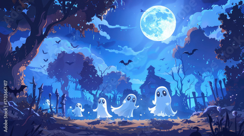 Whimsical scene featuring playful ghosts wandering through spooky forest full moon. atmosphere is enchanting with bats flying and haunted house
