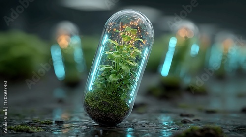 Discover sustainable solutions with vibrant plant life encapsulated in a clear capsule, offering innovative research and growth concepts for a greener future of science and nature