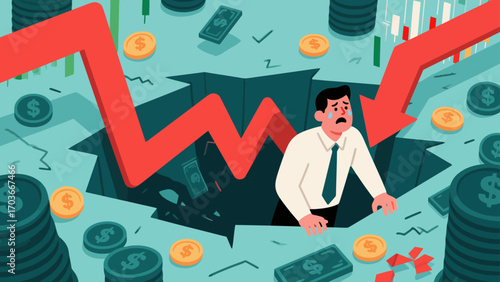 The stock market crash plunged desperate businessmen into a financial abyss. The red arrows indicate economic recession, investment losses, company bankruptcies and debts. Business vector illustration