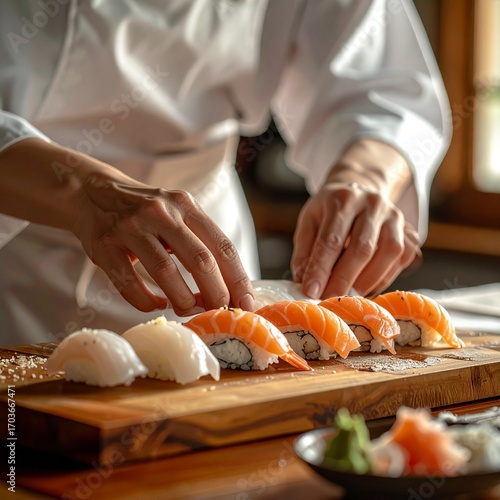 Close-up cinematic video of a sushi chef preparing fresh sushi, precise hand movements, clean wooden counter, natural lighting, traditional Japanese atmosphere
