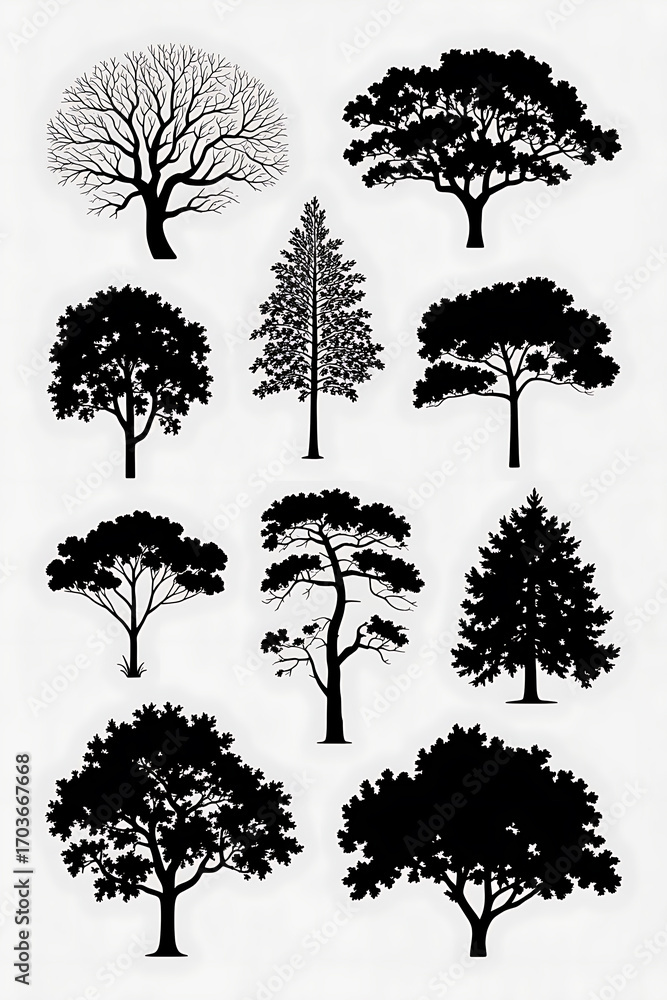 Fototapeta premium Silhouettes of various trees, diverse shapes and sizes. 