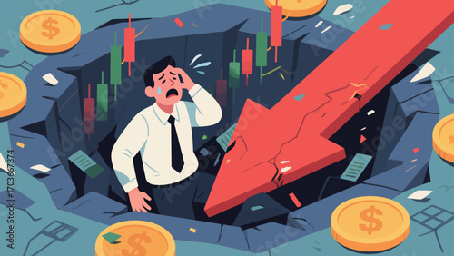 The stock market crash plunged desperate businessmen into a financial abyss. The red arrows indicate economic recession, investment losses, company bankruptcies and debts. Business vector illustration