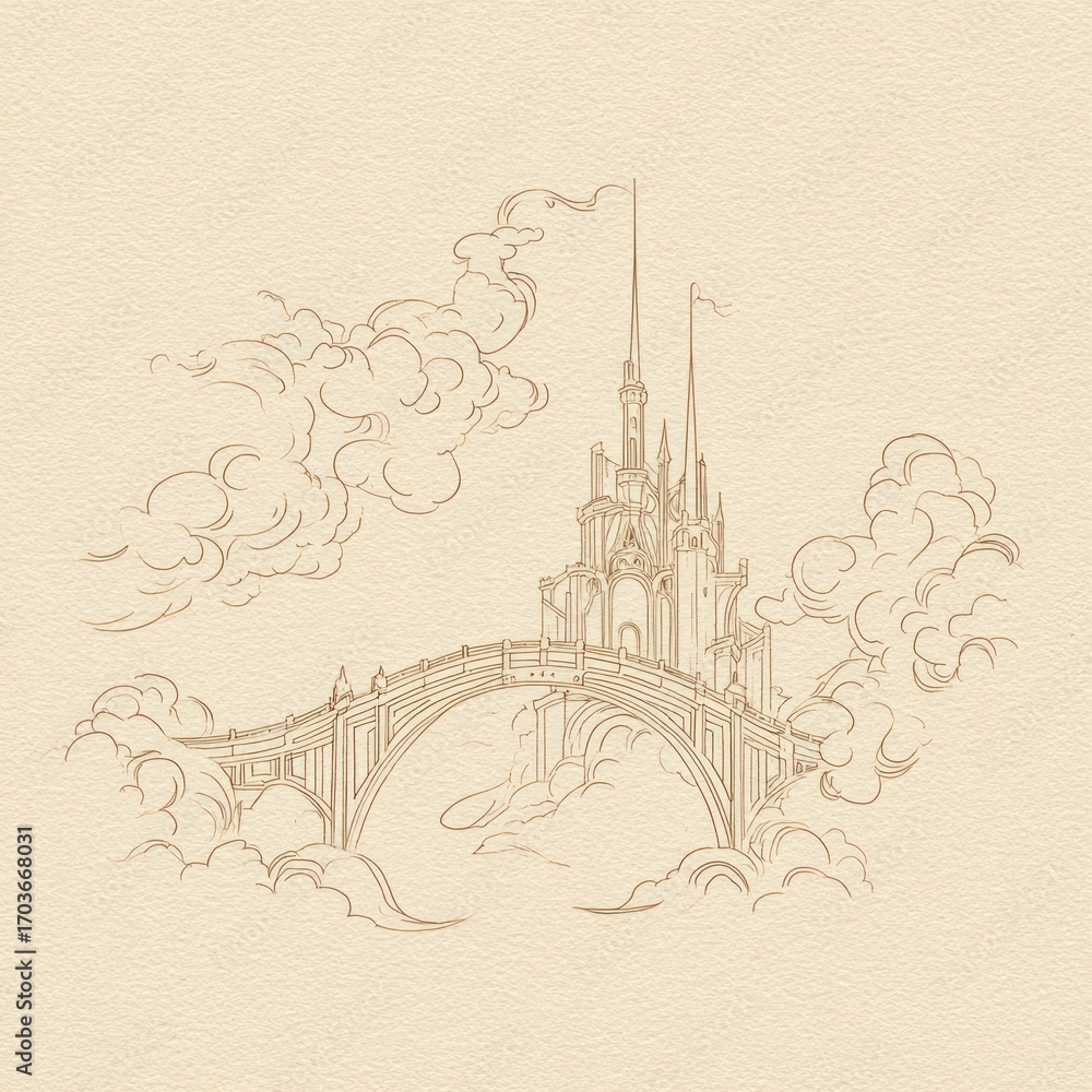Fototapeta premium Fantasy castle floating bridge sketch