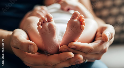 Delicate touch: Close-up of newborn baby feet gently held in parent's hands conveying love and care