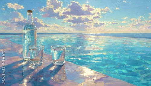 Serene poolside view at sunset