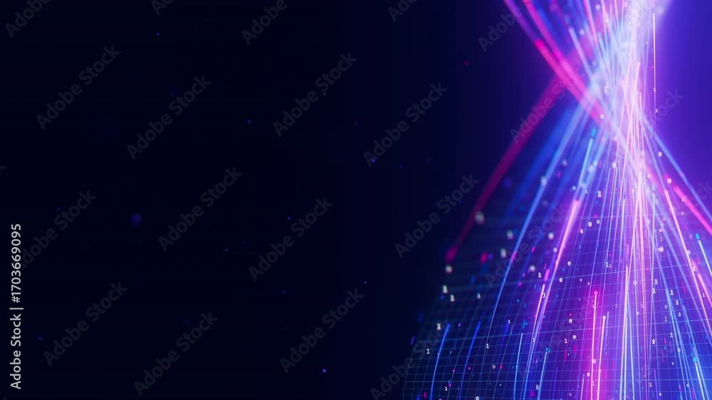 Closeup of Big data light speed warped flow. Abstract digital data stream of quantum computing. Cyberspace of qubit trail waves. Modern tech information transmission.