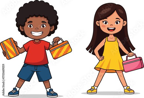 Happy boy and girl holding colorful lunch boxes, kids smiling, summer clothing, cheerful children ready for school, playful and confident