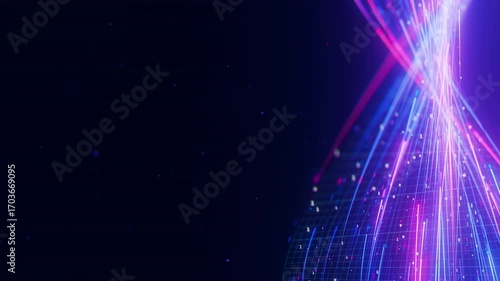 Closeup of Big data light speed warped flow. Abstract digital data stream of quantum computing. Cyberspace of qubit trail waves. Modern tech information transmission.