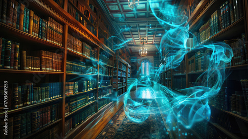 Mystical library filled with ancient books and glowing blue energy swirling through air creates enchanting atmosphere