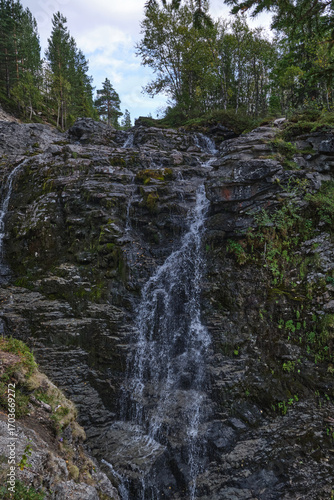 Khibiny. Mountain waterfall. Tourist place for rest
