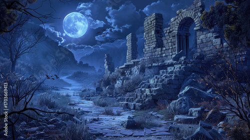 Hauntingly beautiful scene of ancient ruins under full moon, surrounded by dark trees and misty atmosphere, evokes sense of mystery and history