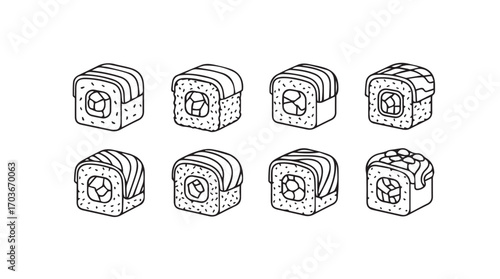 Collection of eight different sushi rolls in a simple black and white silhouette style