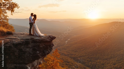 An elopement in the mountains, couple kissing on a cliff, breathtaking scenic background 