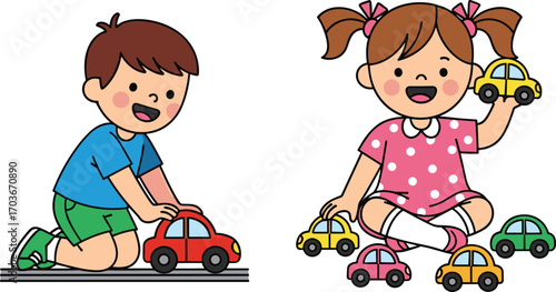 Happy boy and girl playing with colorful toy cars, childhood fun, indoor activity, smiling kids, friendship, imagination, joy, learning, playtime