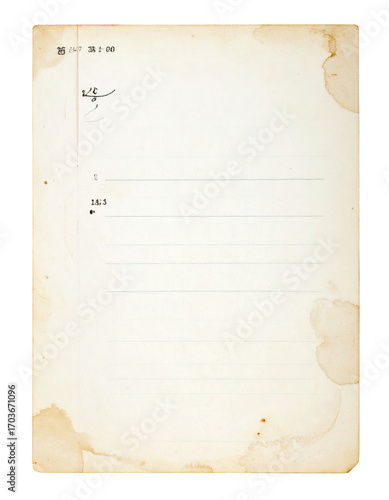Aged, lined paper, blank page, vintage notebook.  Stained, slightly yellowed, with visible age and use.  Handwritten notes at the top and side.  