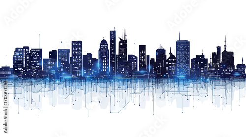 Futuristic city skyline silhouette with digital network connections on a white background cityscape.