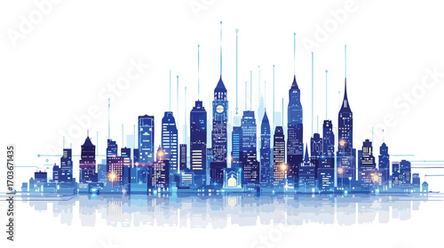 Illuminated City Skyline with Digital Network Connections and Reflections on White Background.