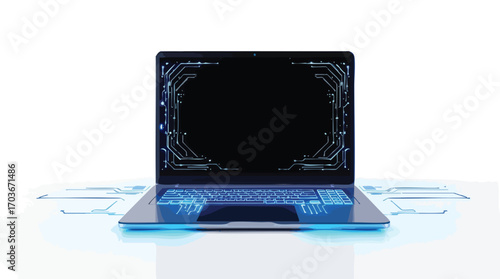 Open Laptop with Glowing Blue Circuitry on Screen and Keyboard on White Background Keywords.