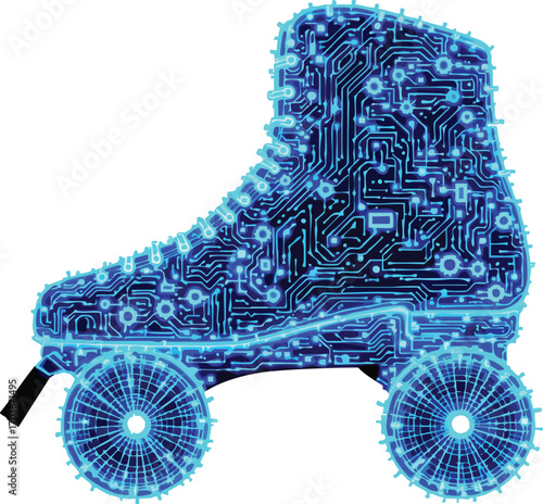 Roller Skate Shaped from Glowing Blue Circuit Board with Digital Wheels rollerblading footwear.