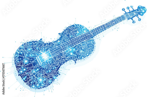 Violin rendered as a blue digital circuit board with glowing lights on white background musical instrument.