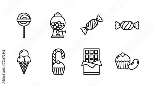 Collection of sweet treats and candies in a simple line art silhouette style