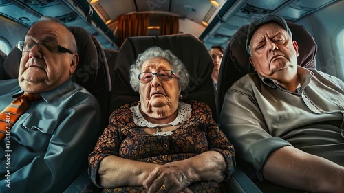 Old passengers looking uncomfortable and complaining on a cramped airplane
