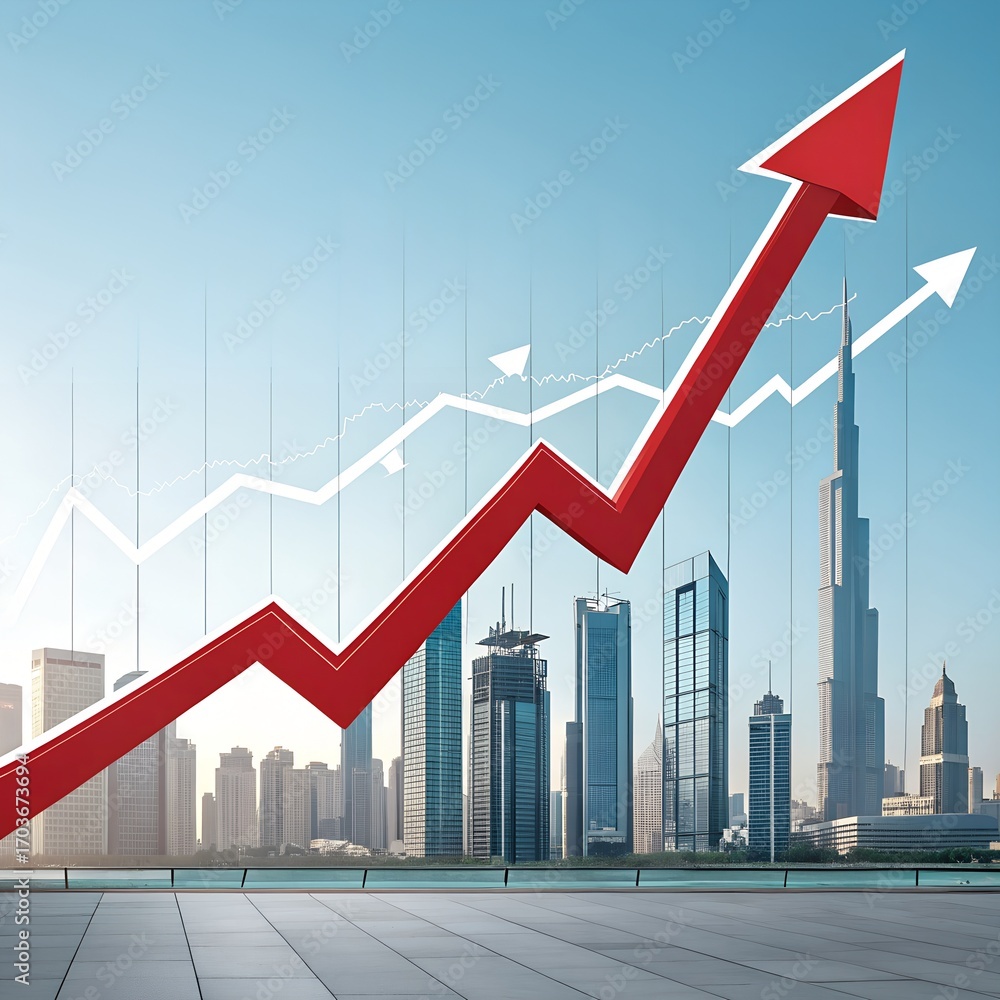 Fototapeta premium Growth and financial success are depicted in a 3D bar chart with an upward arrow
