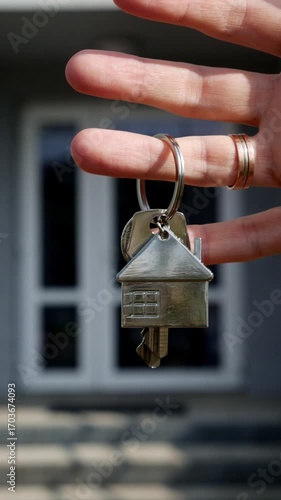Man holding house keys with home keychain – new home, property ownership, real estate