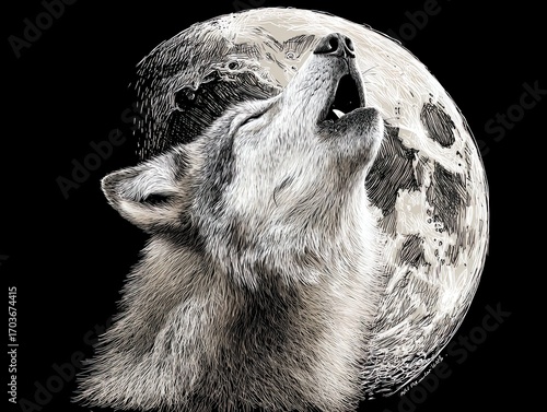 photorealistic wolf howling at cartoonish hand-drawn moon: perfect poster for sports room décor or wildlife enthusiast's gallery!