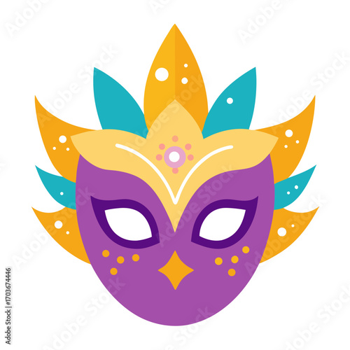 Cartoon illustration of a carnival cat mask vector design with a fun smile and love hearts, isolated on white