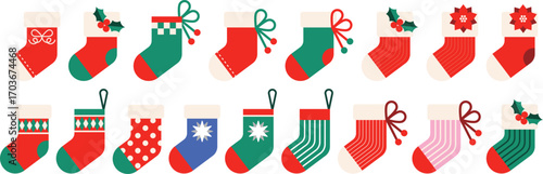 Collection of colorful Christmas stockings vector illustrations, perfect for holiday decorations, festive design projects, greeting cards, and seasonal patterns.