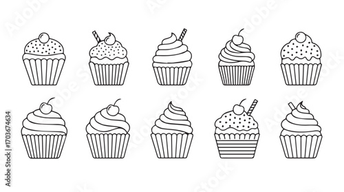 Collection of ten delicious cupcake illustrations in a charming black and white silhouette style