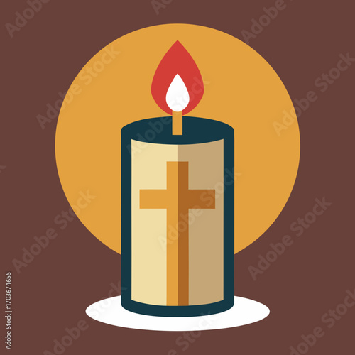 Radiant Cross: A digital illustration depicting a vibrant candle with a radiant cross, symbolizing faith and spirituality, with a warm, inviting ambiance.