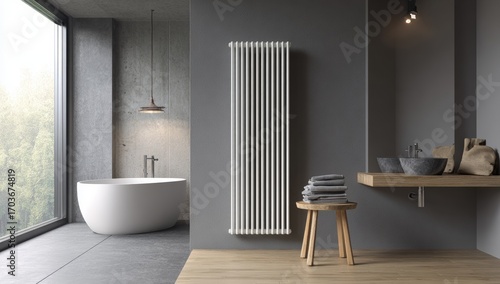 Modern bathroom interior with minimalist heating radiator